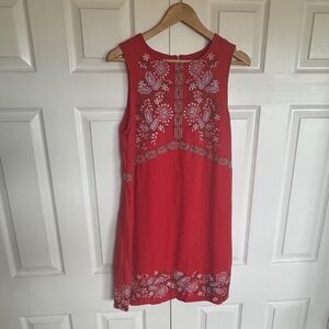 Anthropologie Aiko Embroidered Linen Sheath Dress -Tomato Red - 10